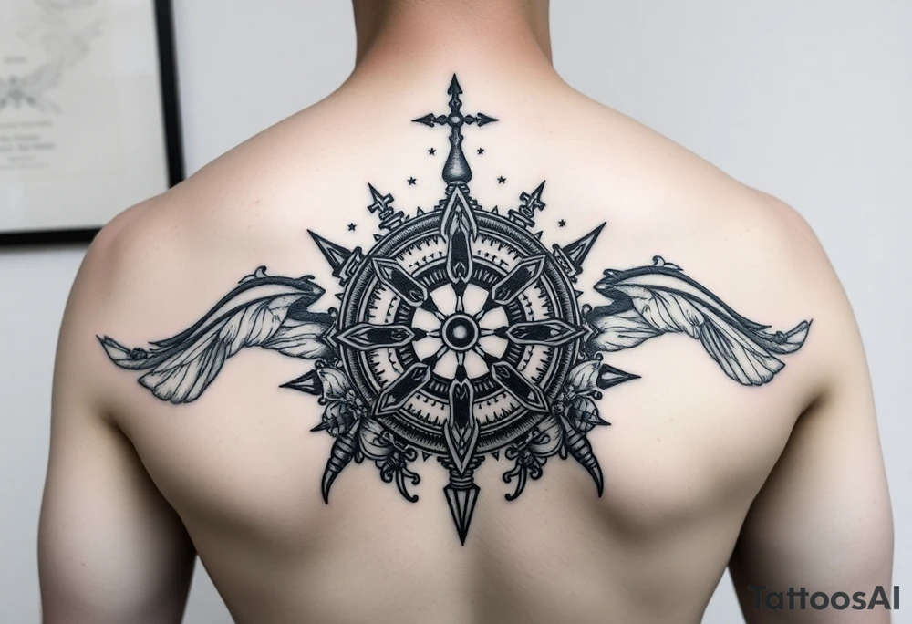 Can you help me design my next tattoo? I already have Polynesian-style tattoos covering left shoulder blade and second in the middle of back going along the spine up till my neck, and I’m looking for ideas to fill the white space between them. I haven’t been able to come up with anything that works.

I’d like the new elements to be in a different style than Polynesian, but still visually cohesive so they complement the existing tattoos rather than clash with them. Maybe steampunk tattoo idea