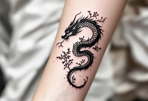 dragon japanese style sakura trees abstract lines dark/rough aesthetic tattoo idea