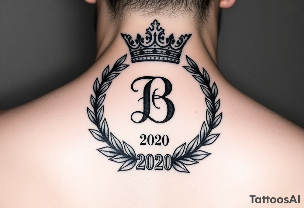 I would like to have an example for a tattoo. In which the initial B is central with a laurel wreath from bottom to top and a crown on top. Furthermore, please include a birth year 2020 or his birth date in Roman. tattoo idea
