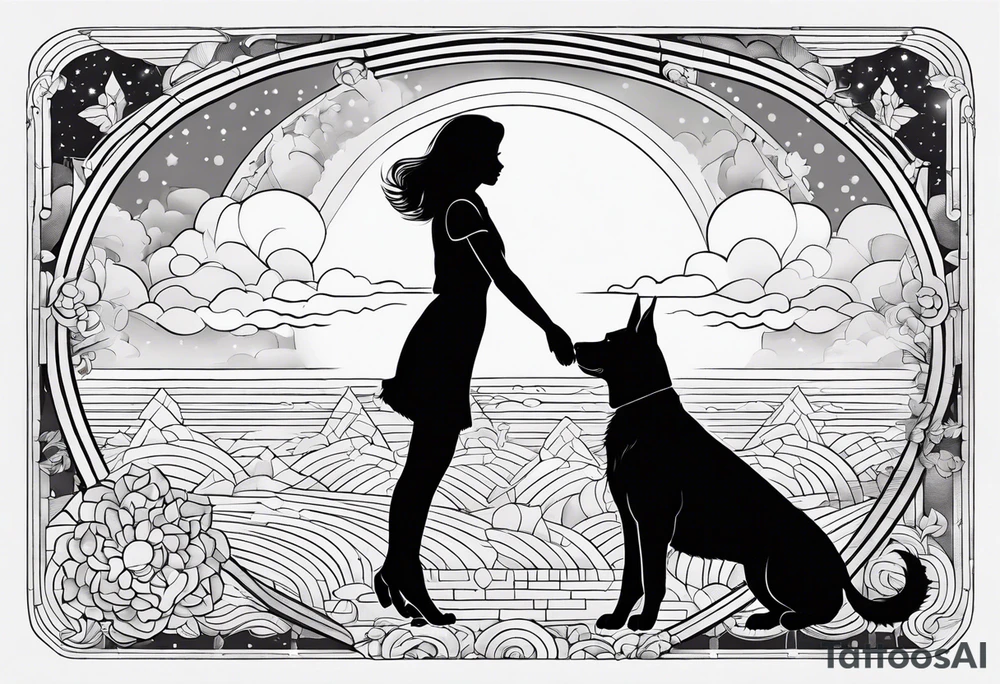 dog in the sky reaching hand of a woman and woman as her back facing us tattoo idea