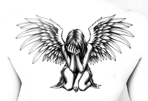 fallen angel Dante Mikha'el on her knees with great full wings, looking her darkened hand head down and her hair cover her half face tattoo idea