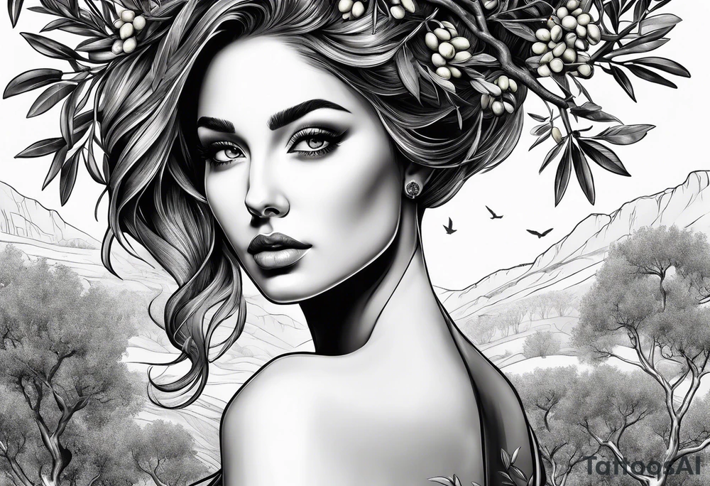 a woman turning herself in an olive tree tattoo idea