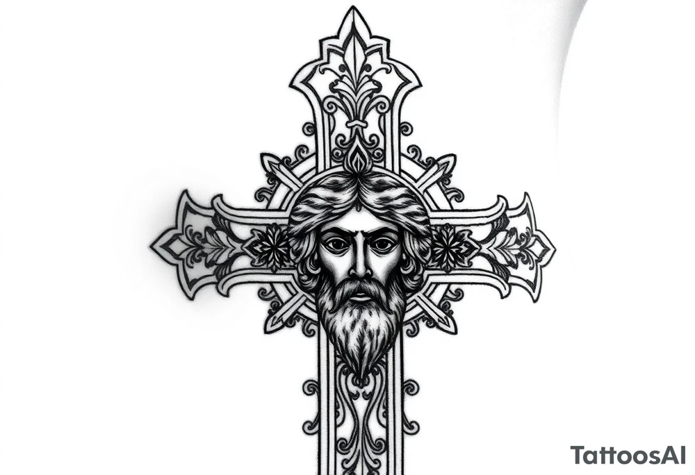A large Orthodox cross with ornate detailing
Christ Pantocrator face (very traditional Orthodox icon style) tattoo idea