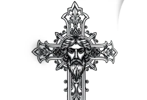 A large Orthodox cross with ornate detailing
Christ Pantocrator face (very traditional Orthodox icon style) tattoo idea