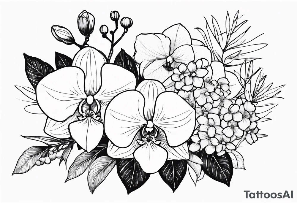 birth flower bouquet with orchid and hydrangeas showing stems tattoo idea