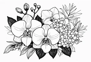 birth flower bouquet with orchid and hydrangeas showing stems tattoo idea
