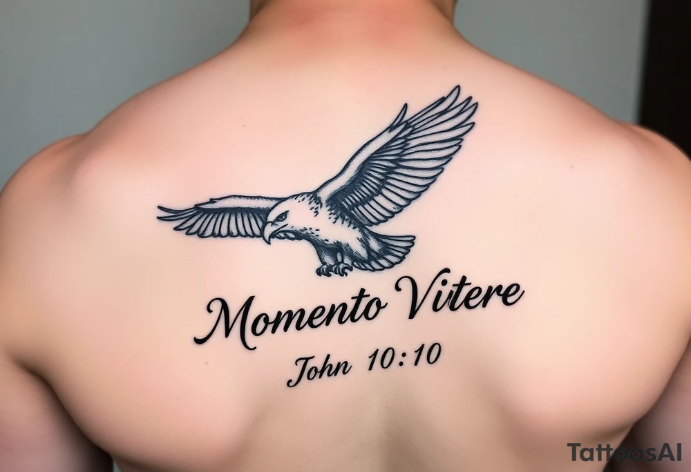 realistic eagle in flight, the words Momento Vivere and John 10:10 tattoo idea