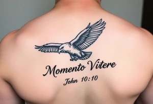 realistic eagle in flight, the words Momento Vivere and John 10:10 tattoo idea