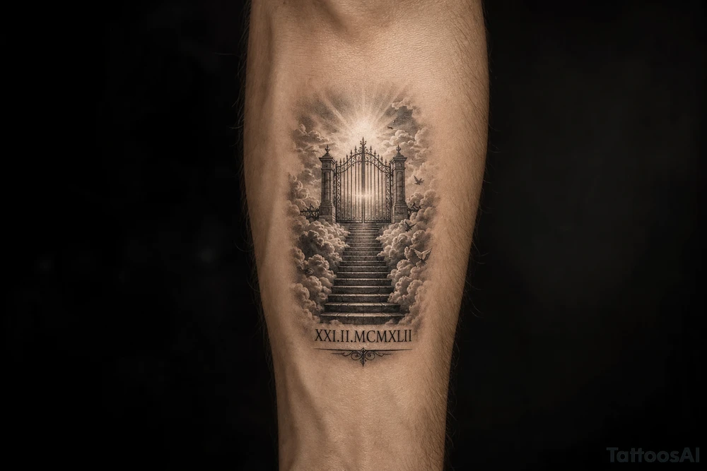 Stairway to heaven, with clouds surrounding the stairs, and the gate being at the top. A date, below the stairs, in Roman numerals 21.02.1942. Also, add some details other than the clouds. tattoo idea