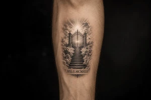 Stairway to heaven, with clouds surrounding the stairs, and the gate being at the top. A date, below the stairs, in Roman numerals 21.02.1942. Also, add some details other than the clouds. tattoo idea
