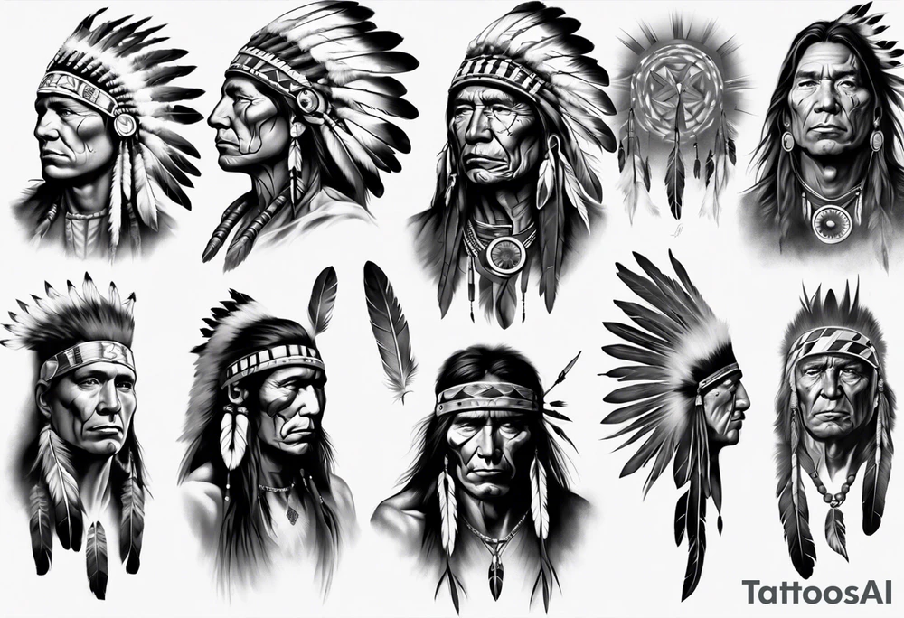 Native American theme man face photorealistic sleeve tattoo idea