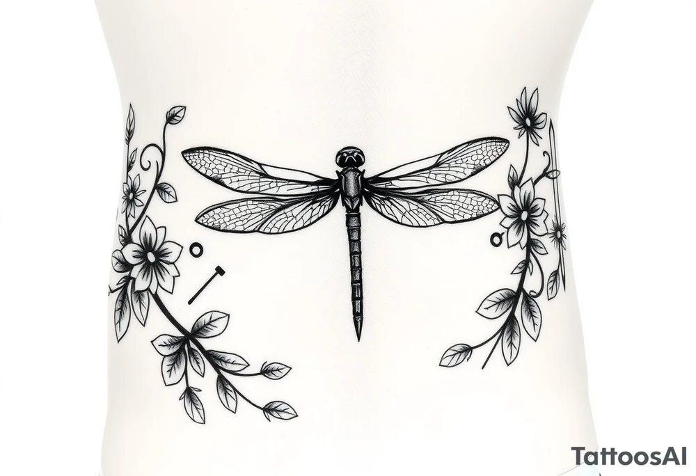 Vibrant vine like tattoo to go from hip to hip to cover my scar across my lower abdomen. It should not be more than 1.5 inches in width. Include symbols of hope and pain like a dragonfly with a scalpel to  represent everything I went through with breast cancer. tattoo idea