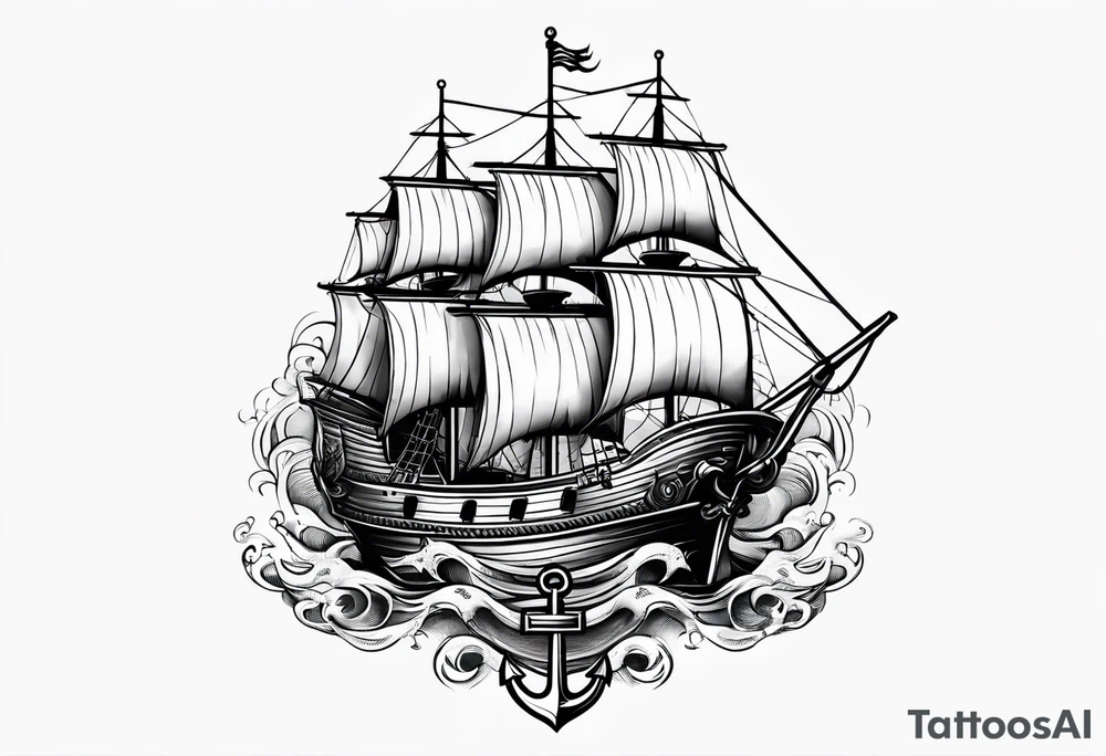 Traditional ship with anchor hanging down by a chain tattoo idea