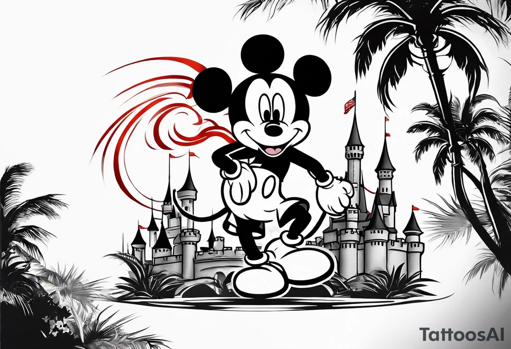 mickey mouse holding lightning with palm trees doing martial arts at the disney castle tattoo idea