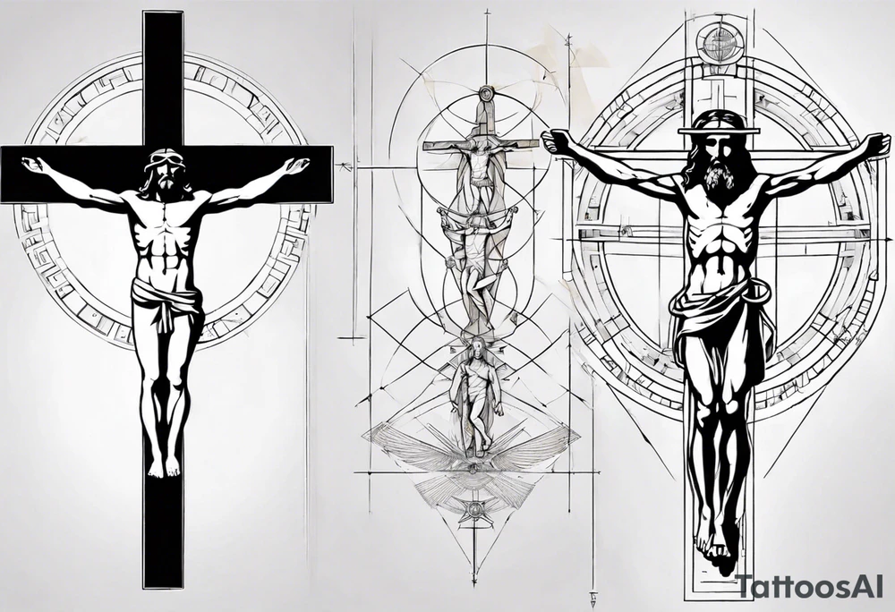 Geometric Vitruvian man combined with Jesus on the cross tattoo idea
