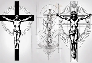 Geometric Vitruvian man combined with Jesus on the cross tattoo idea