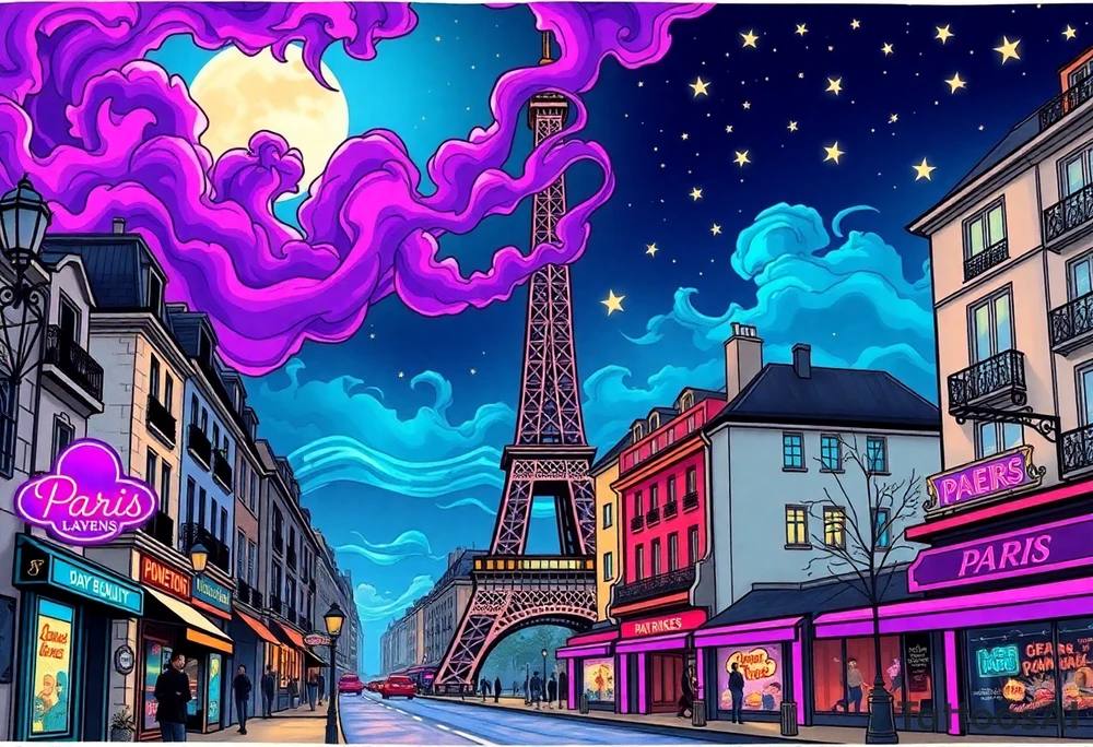 Tim Burton’s paris streets with effel tower from outside view is the street is littered with neon signs purple and cyan smokey clouds swirl and dance in the moonlit night sky filled with twinkling stars  tattoo idea tattoo idea