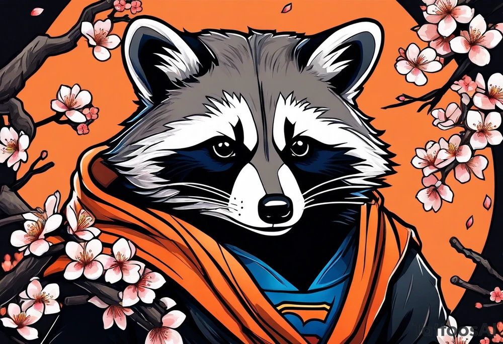 Raccoon wearing a white Superman logo on a black hoodie and orange Japanese cherry blossoms tattoo idea