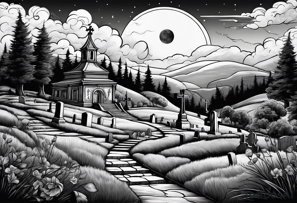 Cemetery on hills with smoke and moon tattoo idea