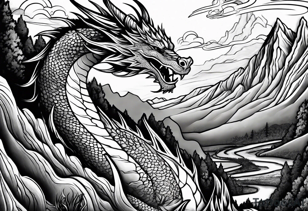 dragon on a moutain tattoo idea