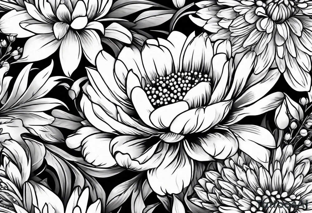 Asters, roses, lily of the valley, and chrysanthemums in a long line tattoo idea