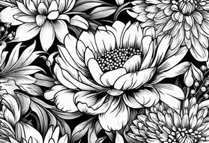 Asters, roses, lily of the valley, and chrysanthemums in a long line tattoo idea