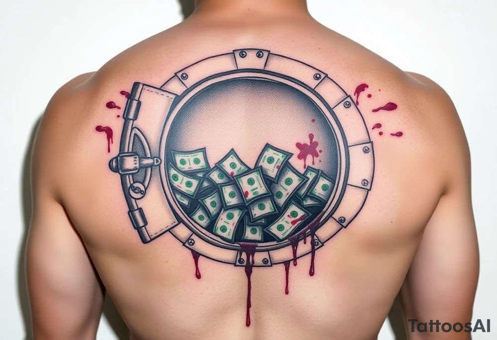 Open vault full of money with splatters of blood tattoo idea