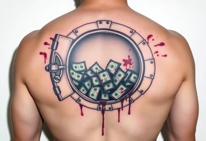 Open vault full of money with splatters of blood tattoo idea