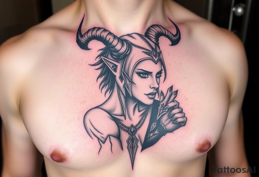 Feminine Tattoo dark female warrior with realistic horns just barley touching collarbone with a lot of shading tattoo idea