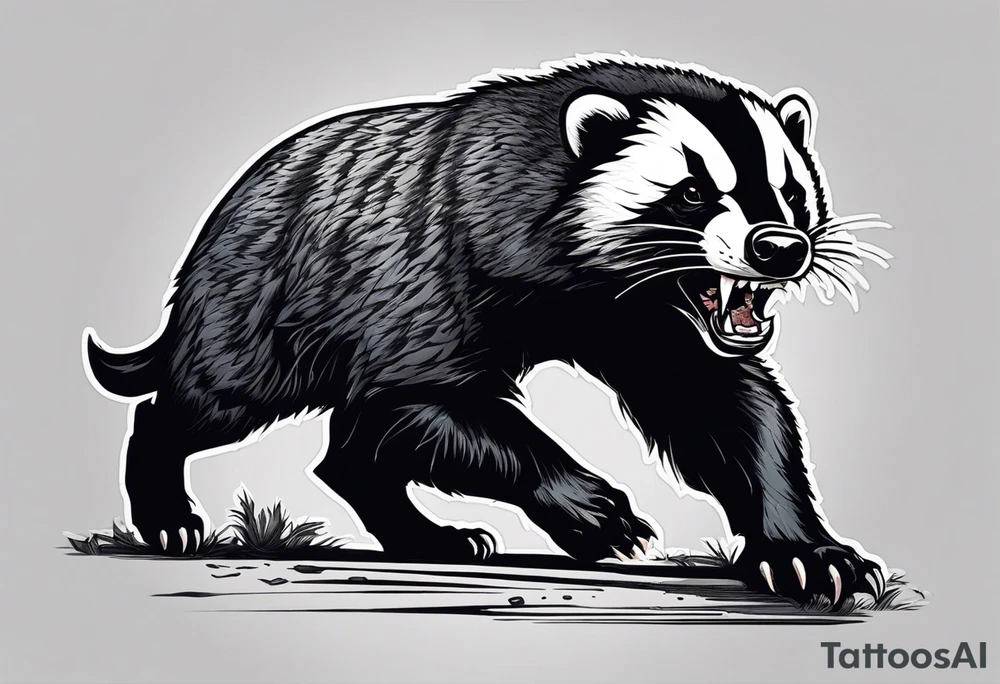 Draw me psychopath Fearless Honey Badger/Berserker with aggressive full body, killer face with a scary smile, very long nails and he attacks like a Bloody Assassin/Warrior/Gladiator to us and also, he has very deadly looking. He fights with his nails only. Everybody scares after their first sight. Give me horror type Badger Tattoo. I want to see his Realistic full body with no weapons. You can show destruction at the back. tattoo idea