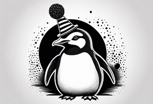 Realistic Penguin with a party hat and a ballon crosshatch style tattoo idea