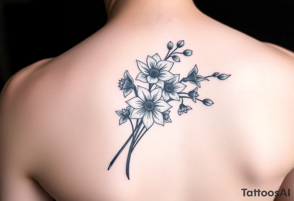 arm tattoo for women with bouquet of daffodils, daisies, lily of the valley tattoo idea