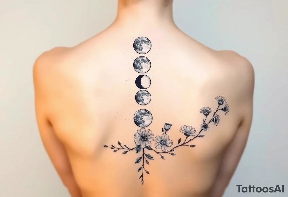 new moon, waxing crescent, first quarter, waxing gibbous, full moon, waning gibbous, third quarter, and waning crescent detailed down the spine with vines and different flowers along the sides shading and color tattoo idea