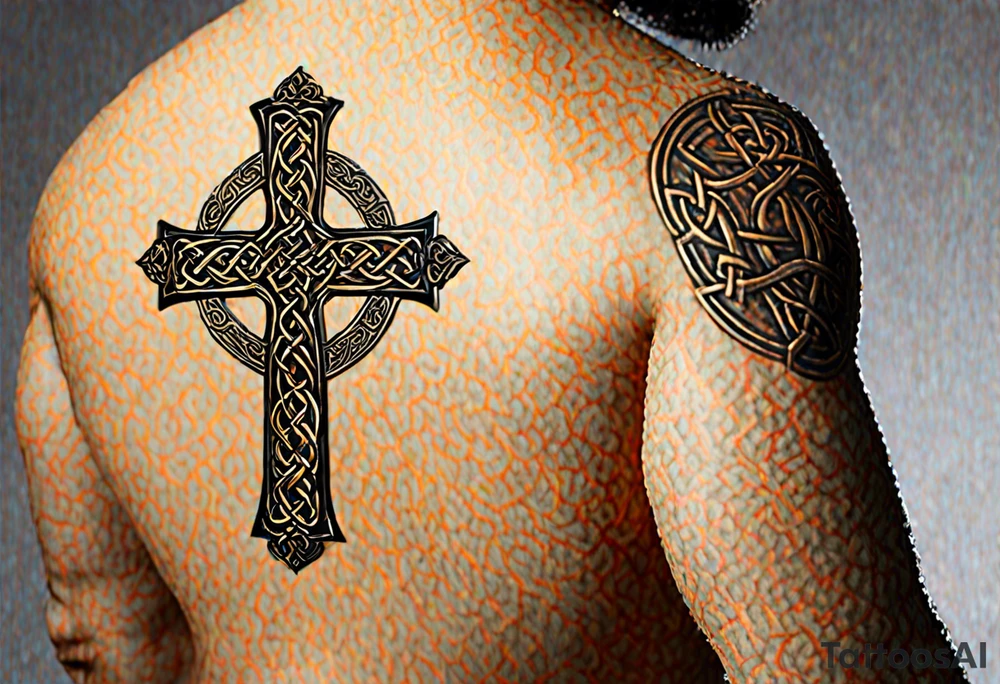The tattoo features a Christian cross with a sharp lower end firmly planted into the ground. From the base of the cross, intricate roots extend outwards, symbolizing strength, growth, and deep roots in faith. The cross itself is adorned with intricate details, perhaps featuring Celtic or ornate patterns to add depth and texture.

On either side of the cross, two colossal dragon wings spread outwards, enveloping the cross in a protective embrace. The wings are dynamic and detailed, with scales, veins, and fine feather-like structures to convey the power and majesty of the mythical creature.

At the intersection of the cross, where the vertical and horizontal beams meet, there is a mesmerizing eyeball intricately depicted. The eye is detailed with vibrant colors and realistic shading, representing spiritual insight, watchfulness, and divine presence. tattoo idea