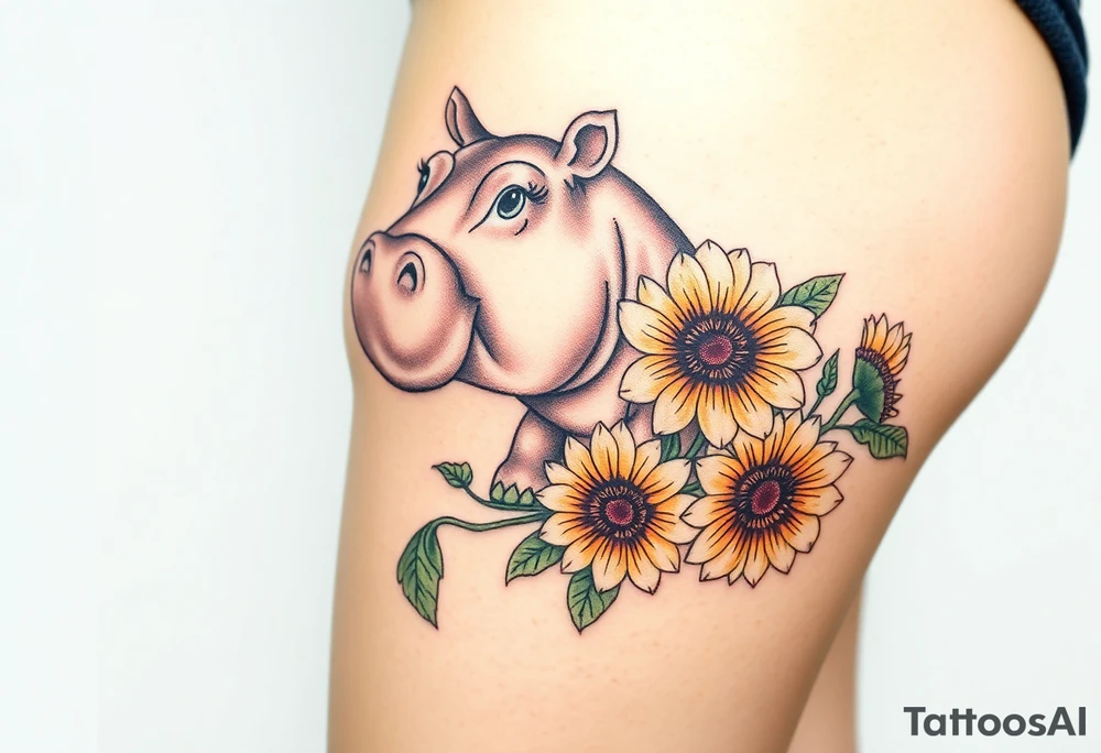 Cute hippo and with sunflowers and carnations realistic and feminine tattoo idea