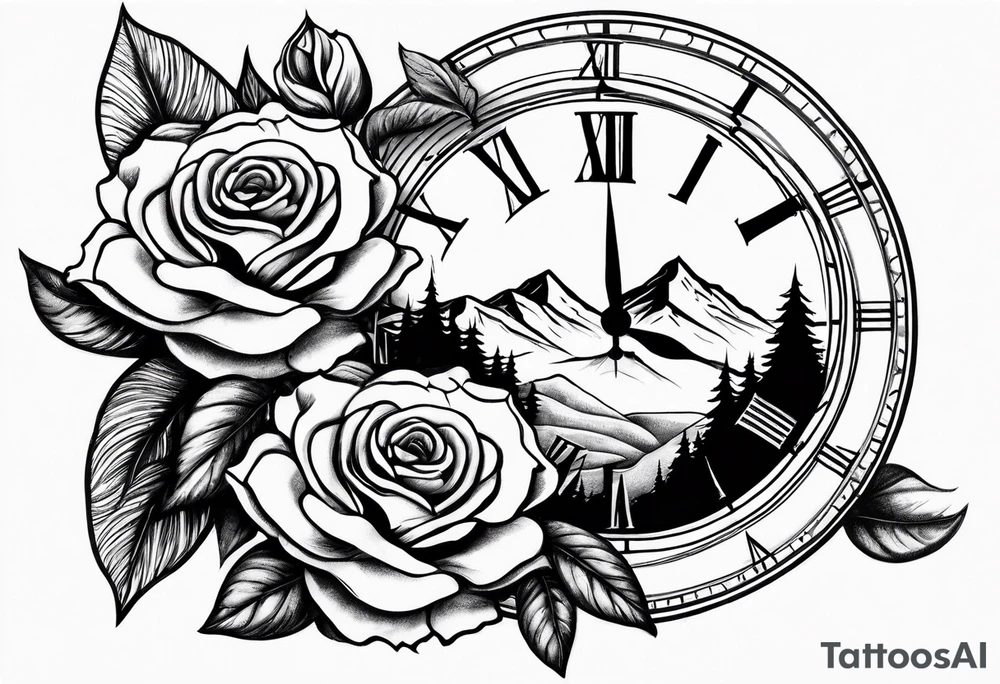 Mountains with clock with roses sleeve design tattoo idea Mountains with clock with roses sleeve design tattoo idea