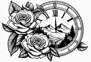Mountains with clock with roses sleeve design tattoo idea