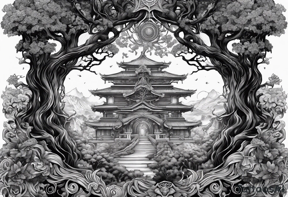 The deity Pan is entwined in a tree which is a portal tattoo idea