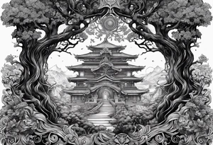 The deity Pan is entwined in a tree which is a portal tattoo idea