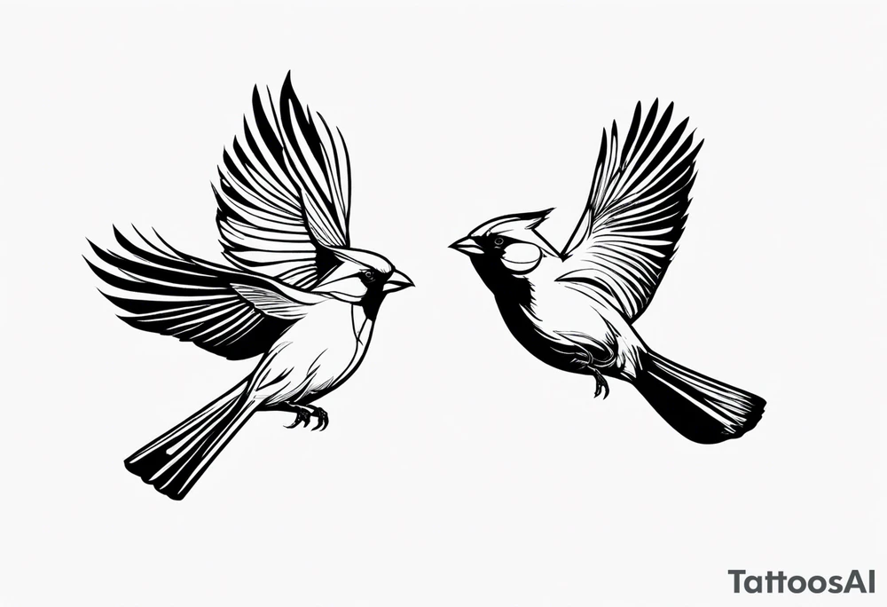 two cardinal birds flying facing eachother 
fine line with some shading tattoo idea