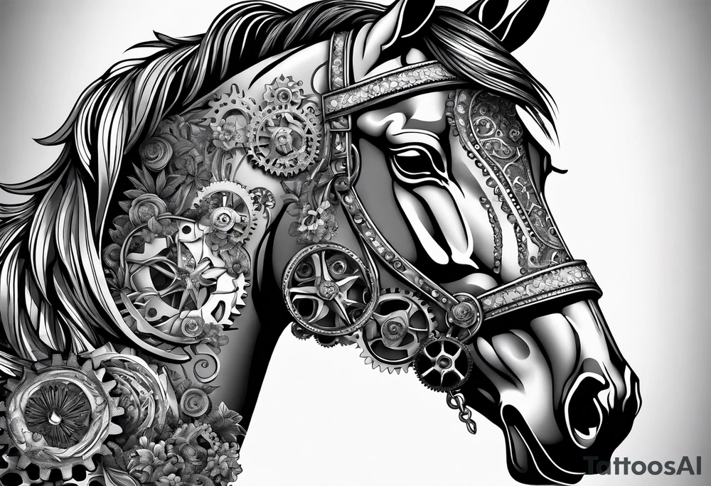 A horse head made fully out of gears. The horse's main is made out of flowers tattoo idea