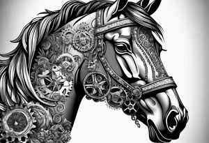 A horse head made fully out of gears. The horse's main is made out of flowers tattoo idea