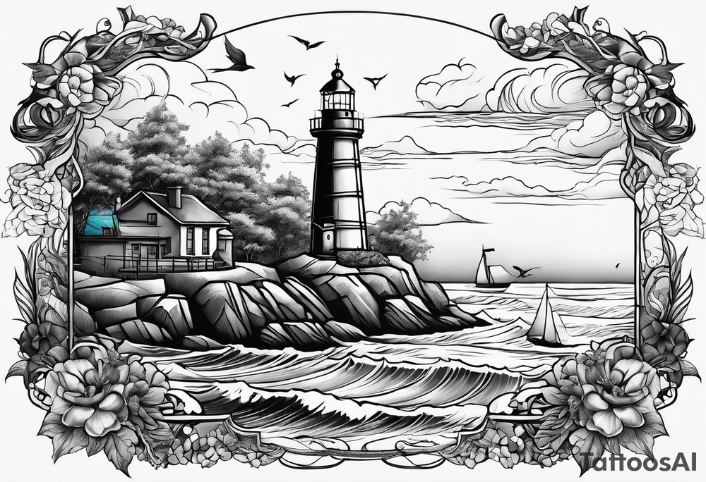 tattoo design of a serene seascape, with a lighthouse in the distance, guiding ships through the night tattoo idea