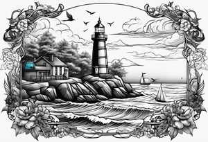 tattoo design of a serene seascape, with a lighthouse in the distance, guiding ships through the night tattoo idea