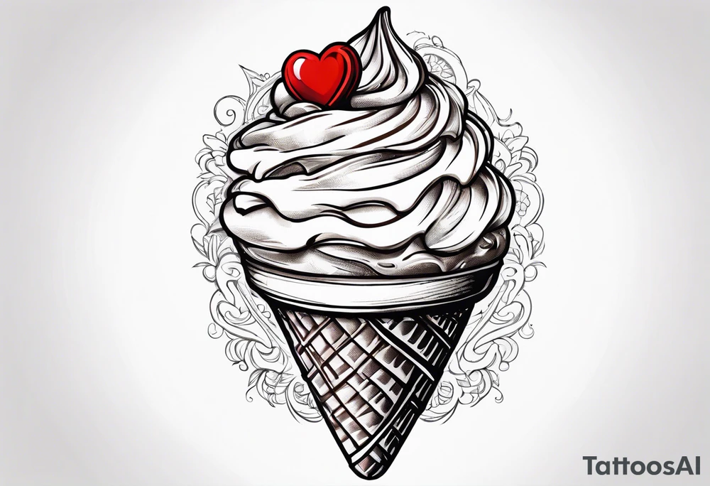 sketch chocolate chip ice cream cone with one red heart tattoo idea