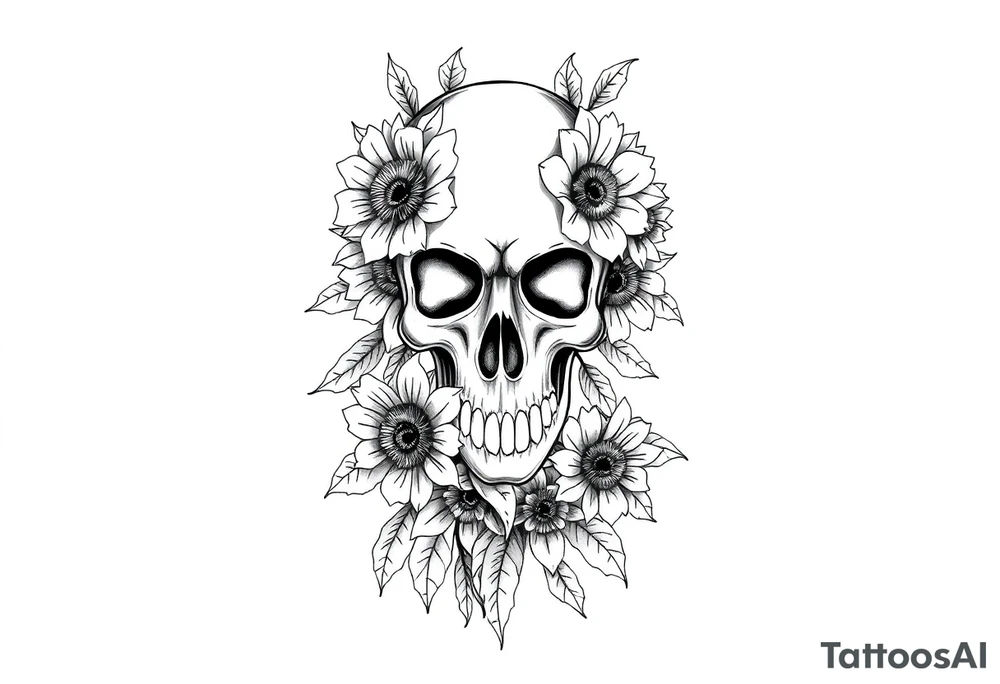 ornate skull adorned with wild roses and sunflowers tattoo idea