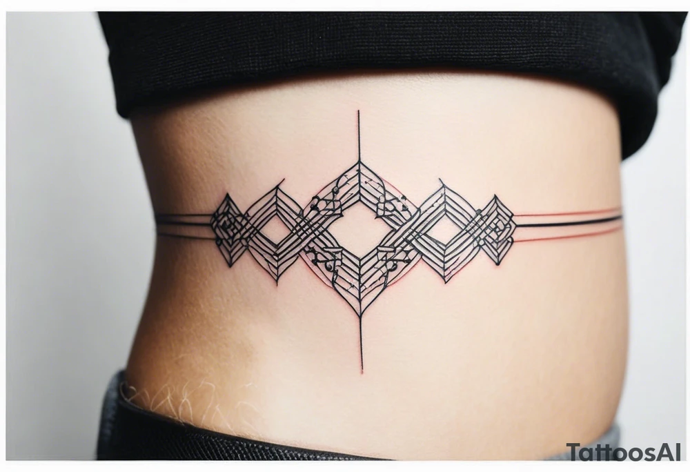 armband tattoo, masculine, narrow, horizontal with quantum atoms chain pattern tattoo idea