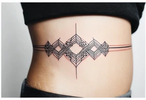armband tattoo, masculine, narrow, horizontal with quantum atoms chain pattern tattoo idea