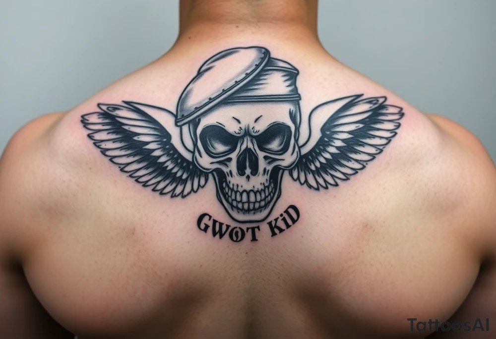 Create me military tattoo with skull, beret on skull and word that say GWOT kid with wings tattoo idea