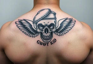 Create me military tattoo with skull, beret on skull and word that say GWOT kid with wings tattoo idea